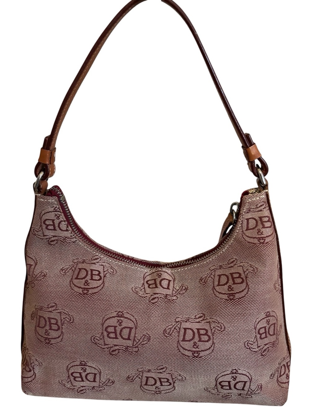 Dooney & Bourke Vintage Canvas Hobo Bag Purse Leather Trim Burgundy Monogram